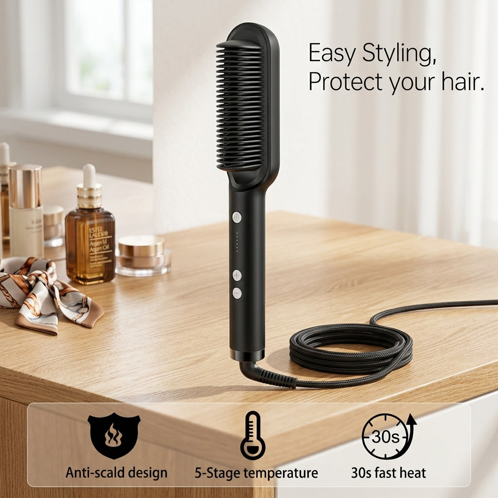 Professional Hair Straightener Brush – 5 Temperature Settings & Anti-Scald Comb
