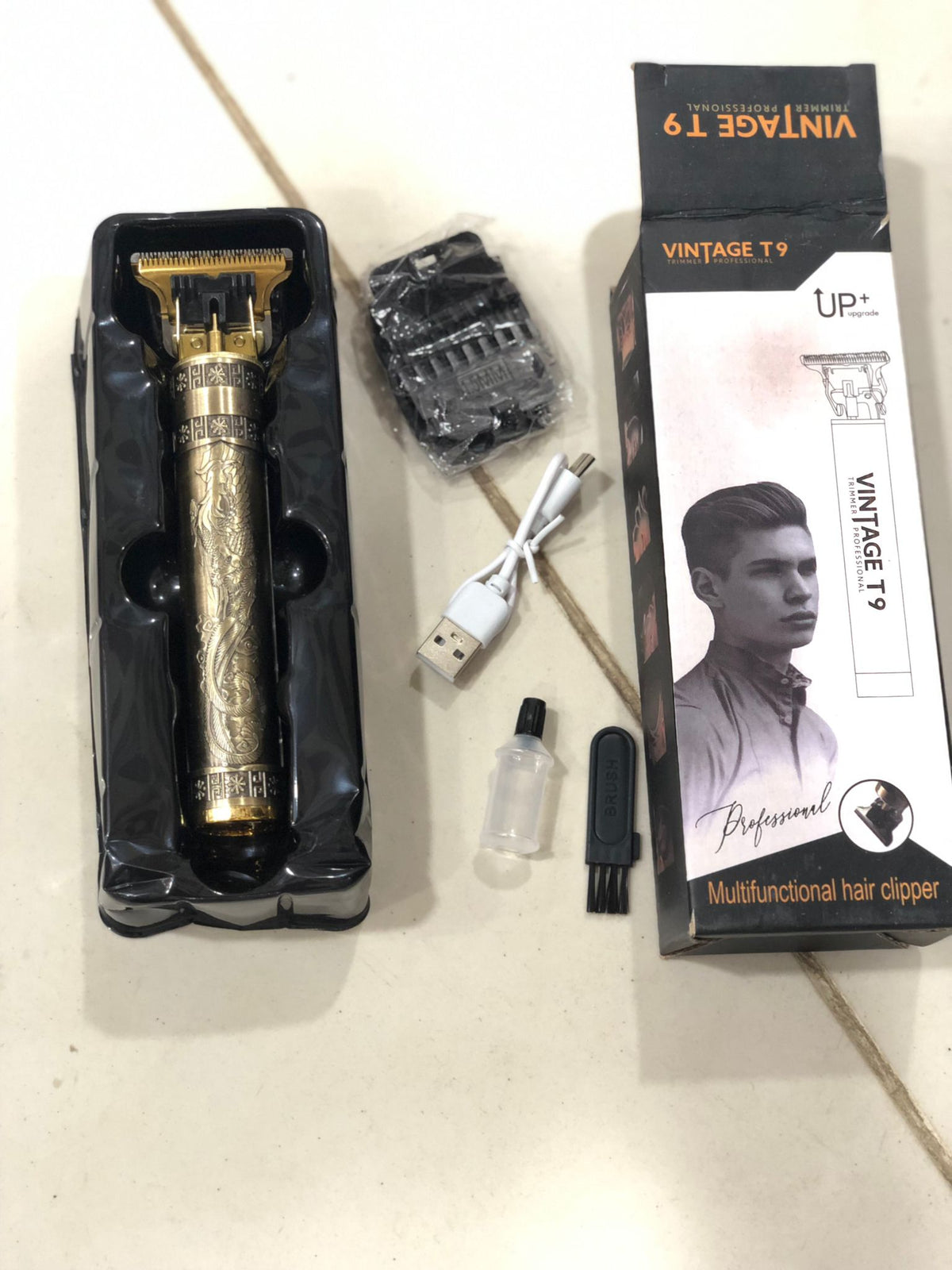 Vintage T9 Metal Body Hair Trimmer for Men – USB Rechargeable Professional Beard & Hair Trimmer