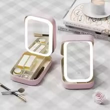 Portable Folding Makeup Mirror Jewelry Box – 3-Color LED Beauty Mirror & Organizer