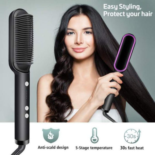 Professional Hair Straightener Brush – 5 Temperature Settings & Anti-Scald Comb