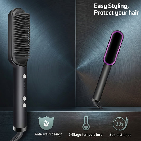 Professional Hair Straightener Brush – 5 Temperature Settings & Anti-Scald Comb